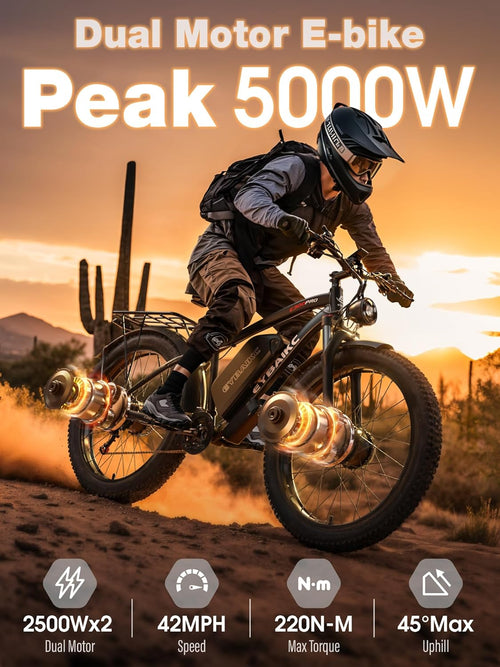 Dual Motor Peak 5000W Electric Bike for Adults, 52V32Ah Battery 100Miles Range, 40-45MPH E-Bike, 24" X4.0 Fat Tire, Hydraulic Disc Brake, Electric Mountain/Hunting Bicycle, UL 2849