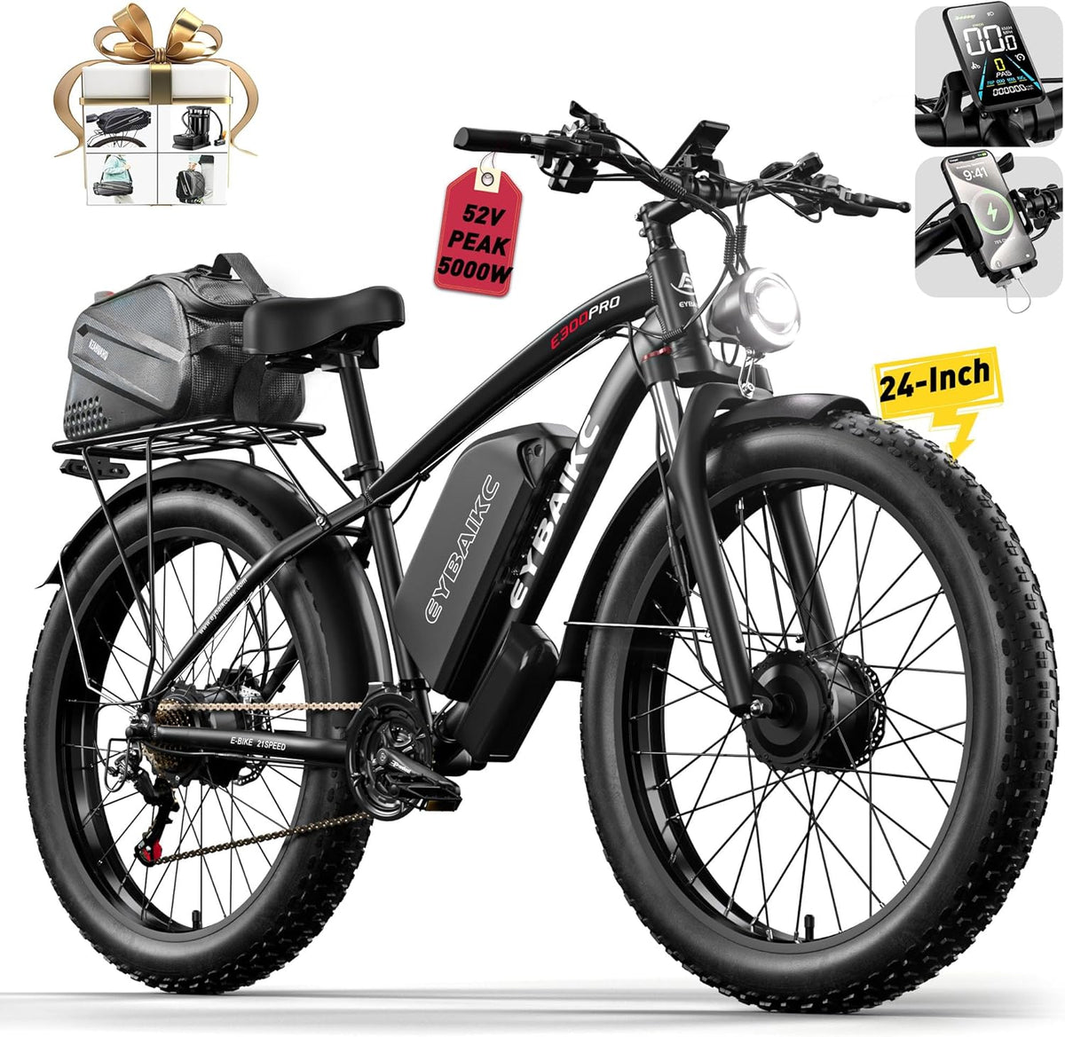 Dual Motor Peak 5000W Electric Bike for Adults, 52V32Ah Battery 100Miles Range, 40-45MPH E-Bike, 24" X4.0 Fat Tire, Hydraulic Disc Brake, Electric Mountain/Hunting Bicycle, UL 2849