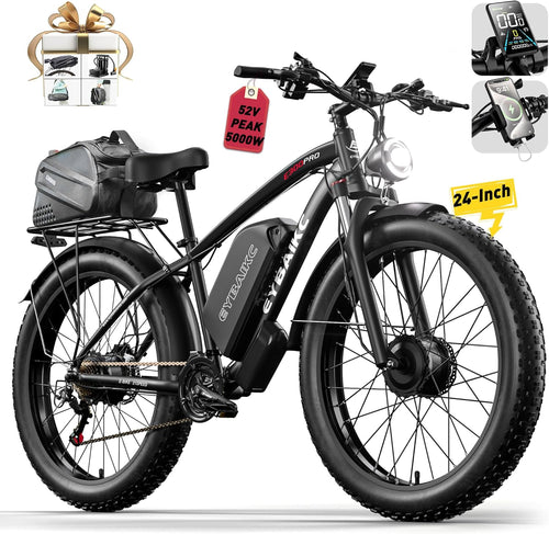 Dual Motor Peak 5000W Electric Bike for Adults, 52V32Ah Battery 100Miles Range, 40-45MPH E-Bike, 24" X4.0 Fat Tire, Hydraulic Disc Brake, Electric Mountain/Hunting Bicycle, UL 2849