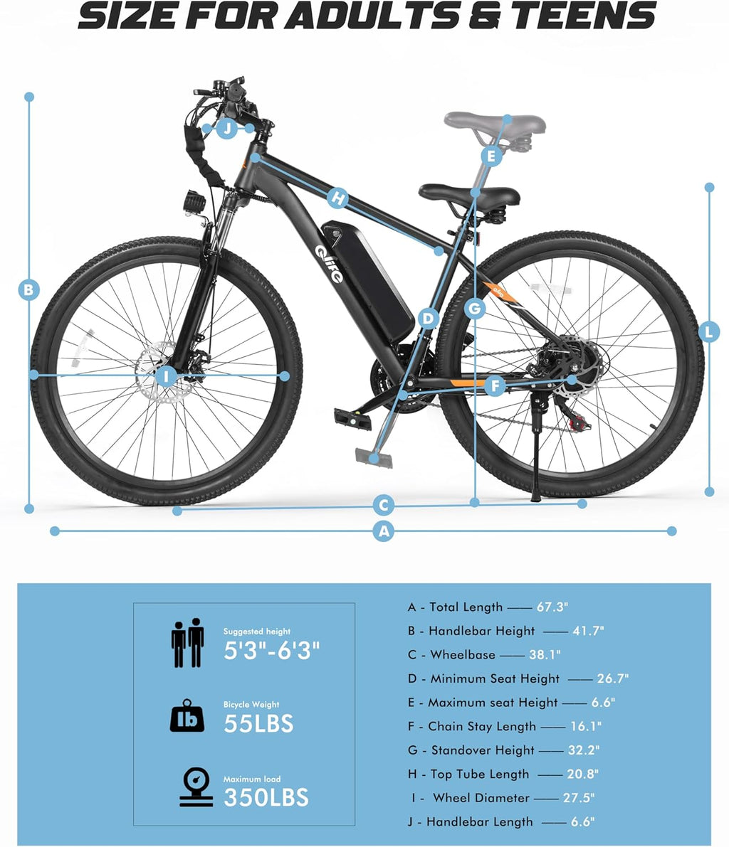 Racer Electric Bike for Adults - 21-Speed Mountain Ebike with Peak 1200W 28MPH Brushless Motor, 48V10.4Ah Removable Battery, 27.5X2.1 Tire Step over E-MTB, up to 50 Miles(Pas1), E Bikes